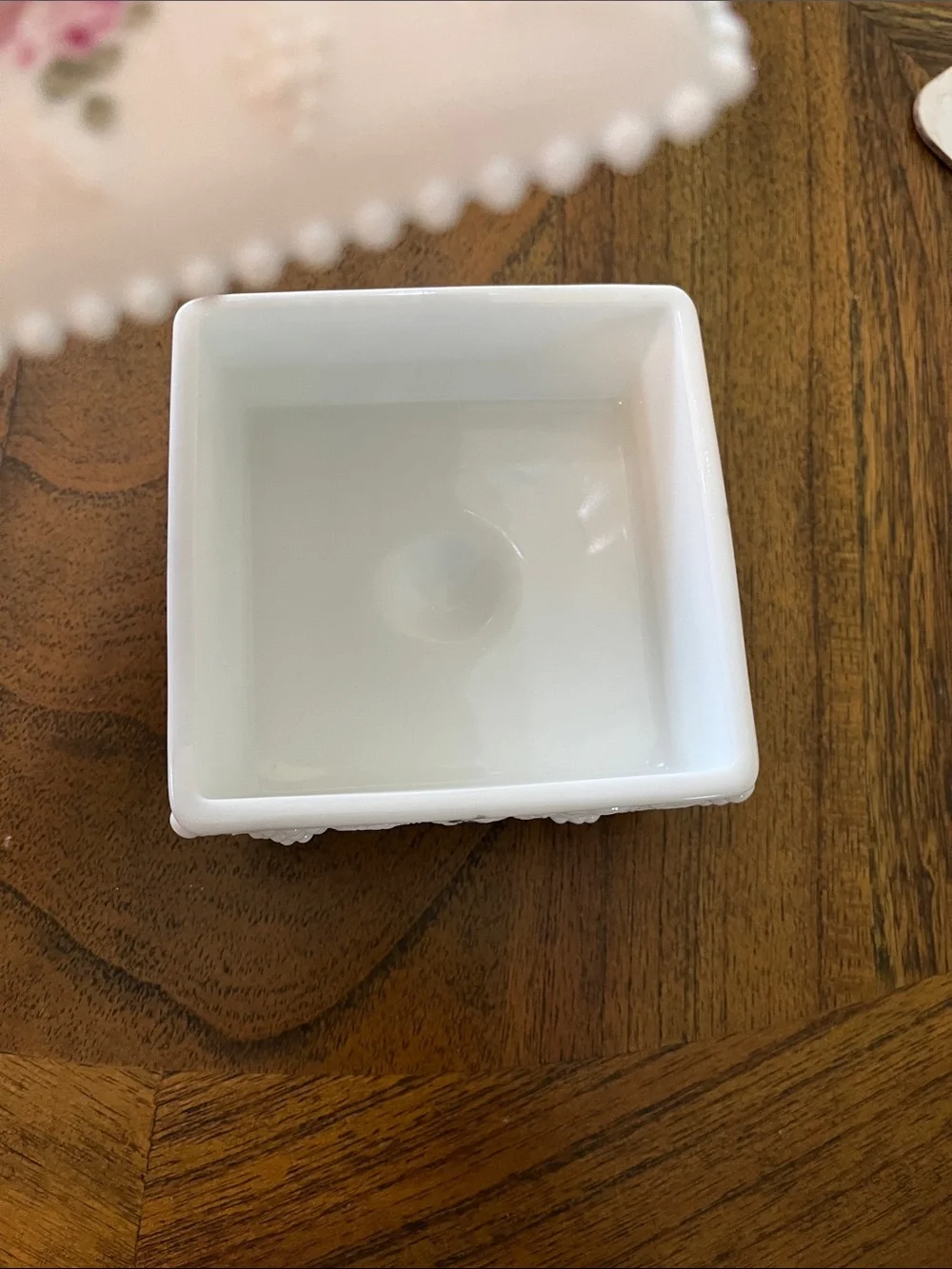 Westmoreland White VintageMilk Glass Wedding Box with Pink Rose and Green Leaves